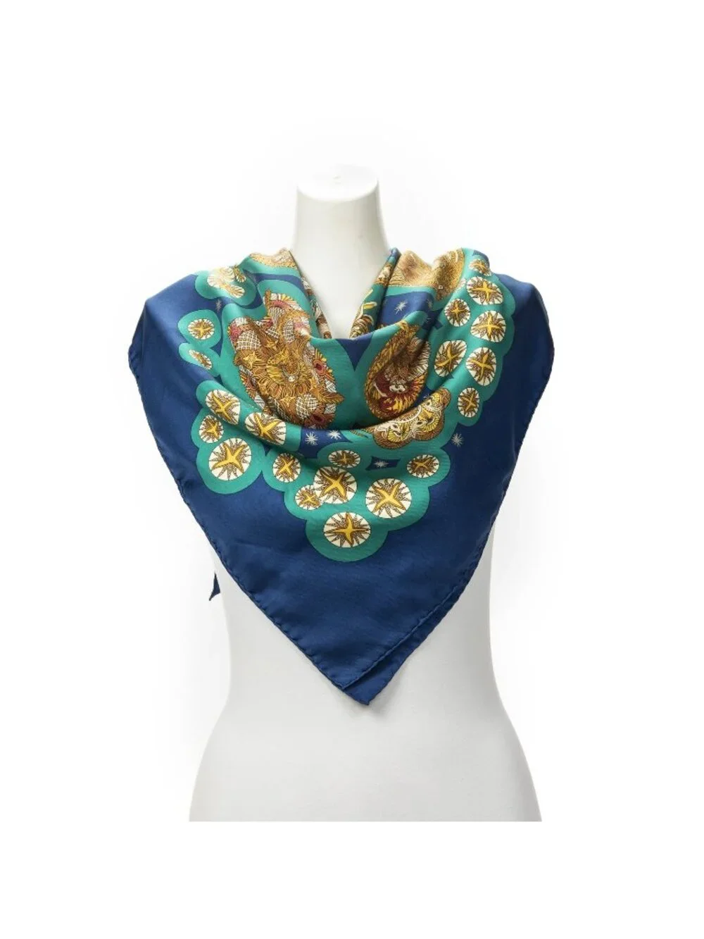 Hermes Scarf Navy Teal Gold 100 % Twill Silk